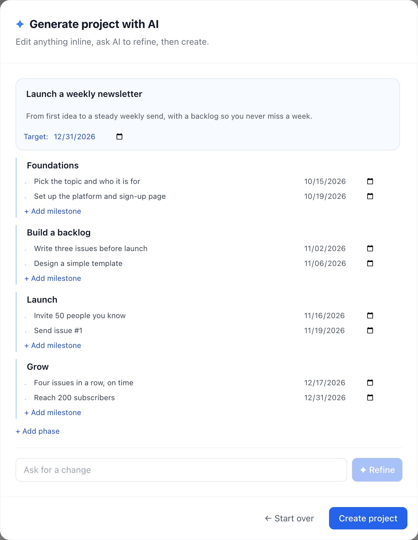An AI-drafted plan for ‘Launch a weekly newsletter’: phases with dated milestones and a box to ask for changes