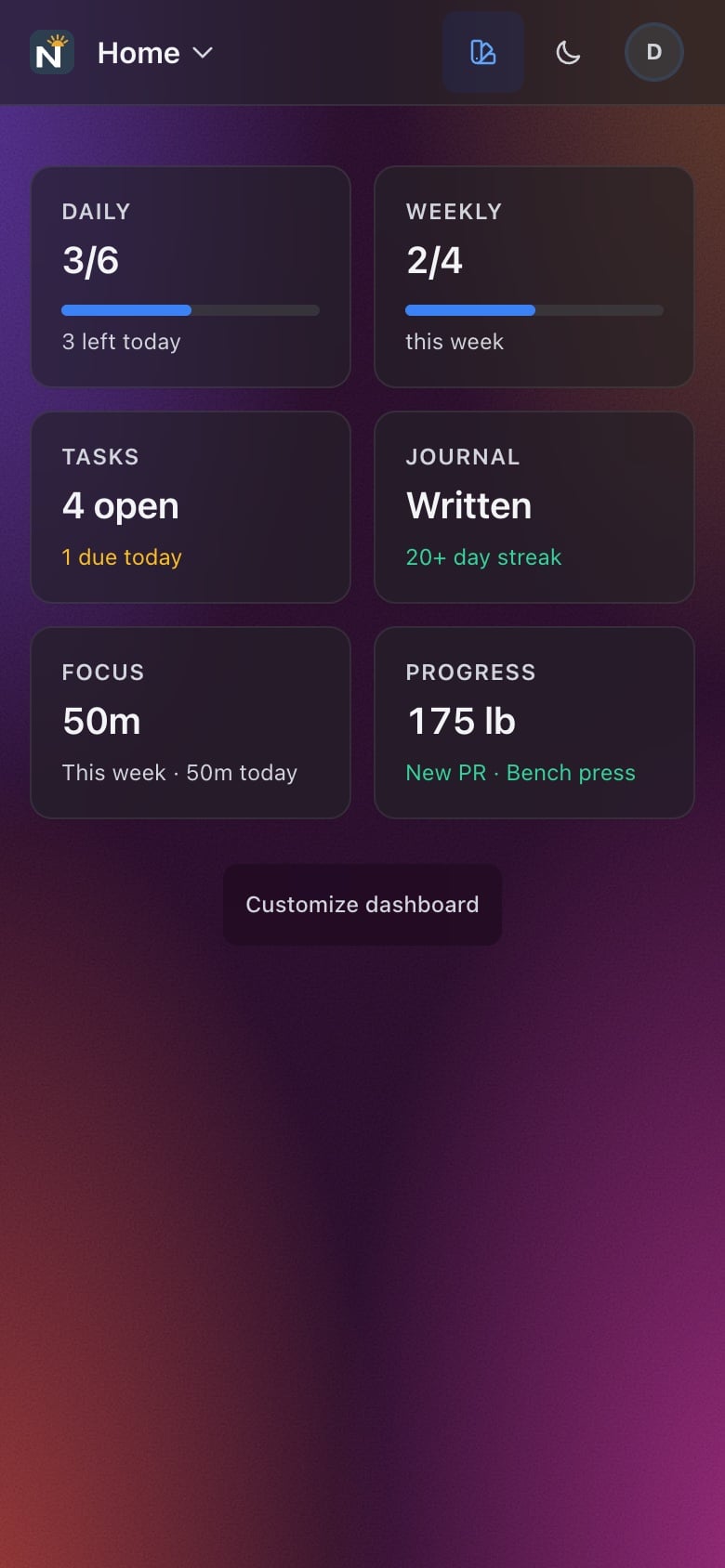 The dashboard on the Bloom background