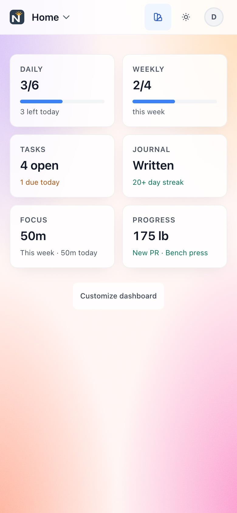 The dashboard on the Bloom background