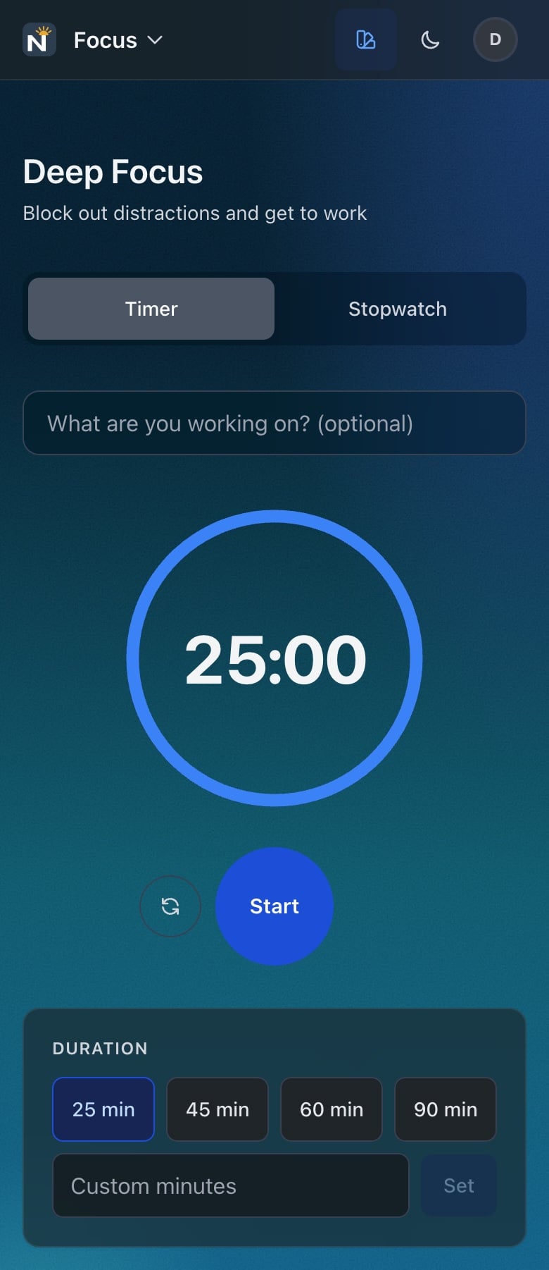The focus timer at 25:00, ready to start, with duration presets
