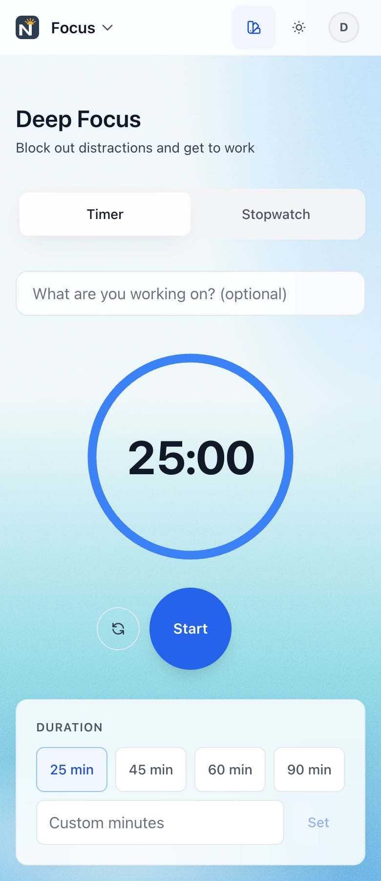 The focus timer at 25:00, ready to start, with duration presets