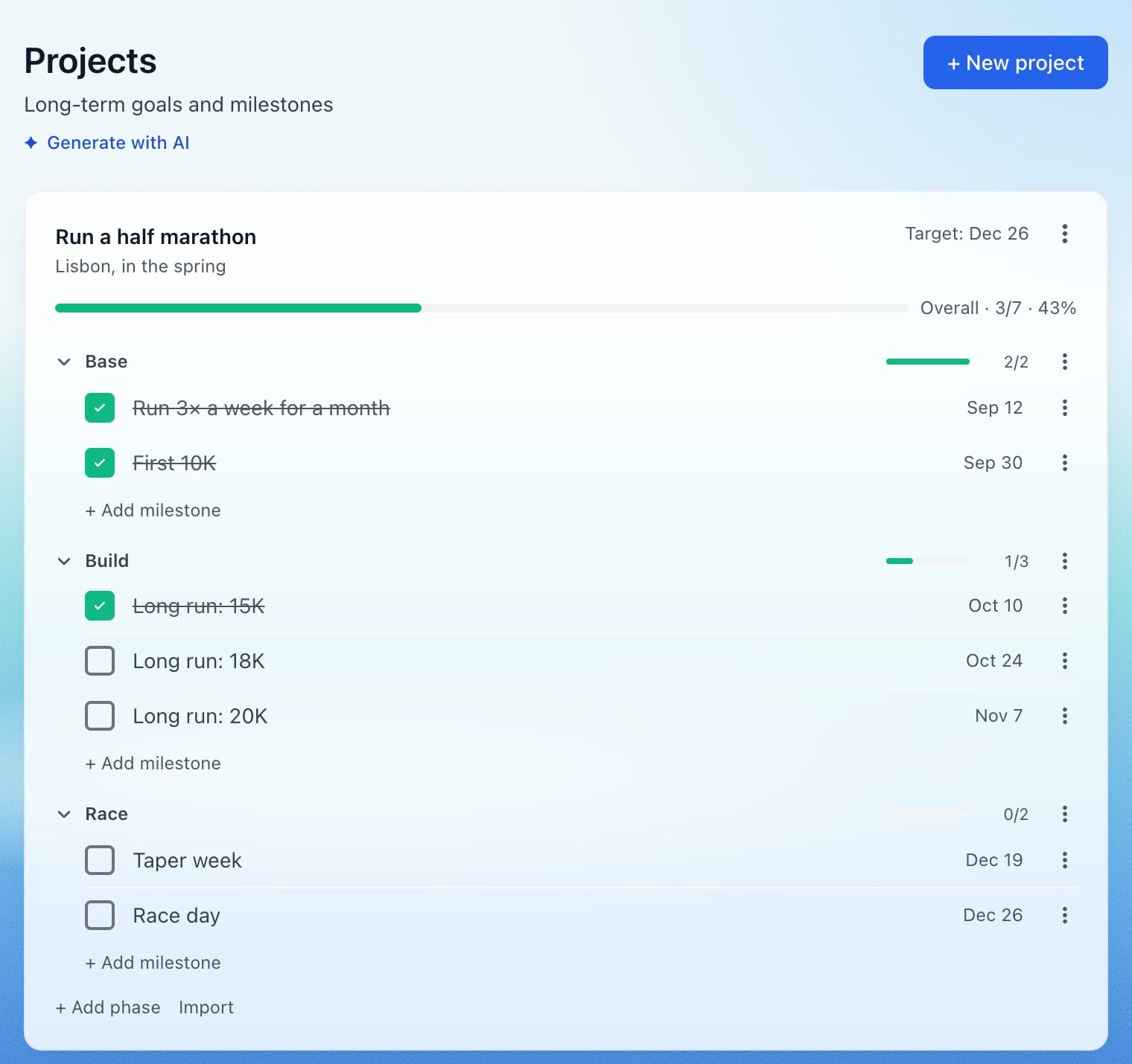 A half-marathon project broken into Base, Build and Race phases with dated milestones
